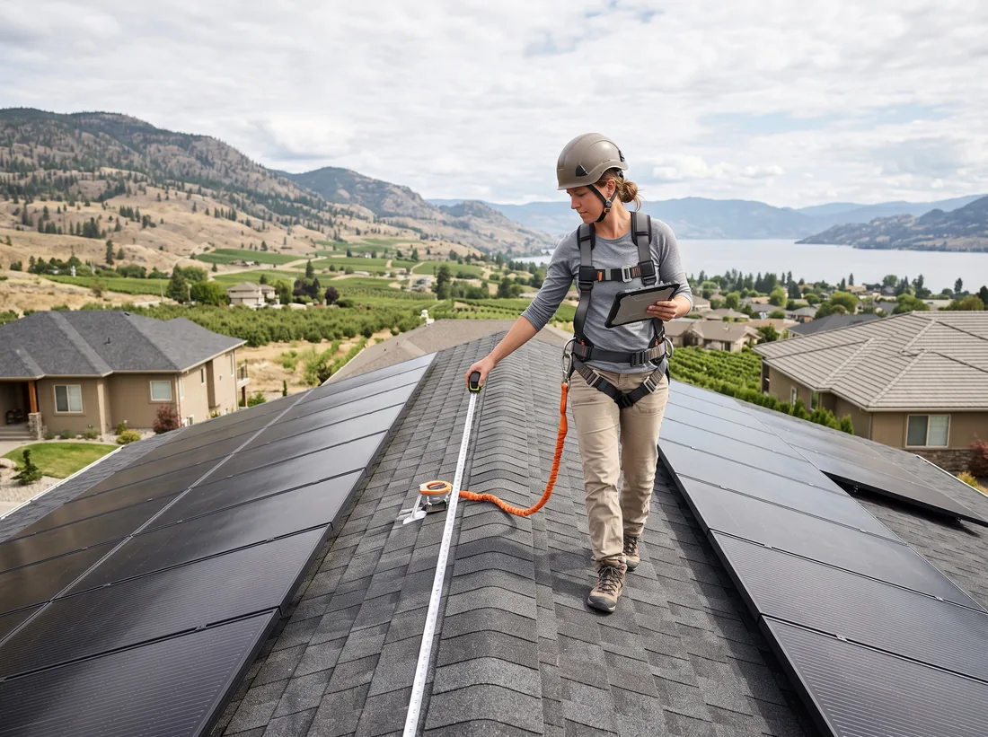 Solar assessor in a harness measuring a roof plane with a tape and holding a tablet