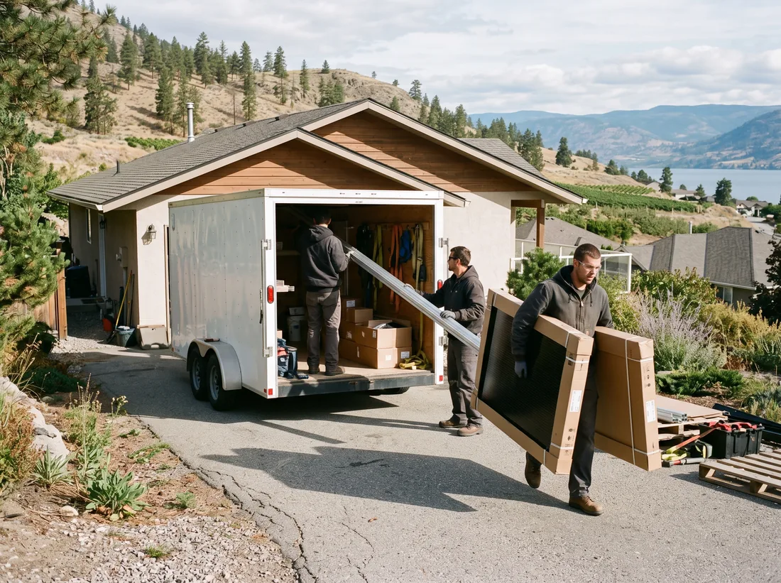 Installation crew unloading racking rails and boxed solar modules from an unmarked trailer in a residential driveway