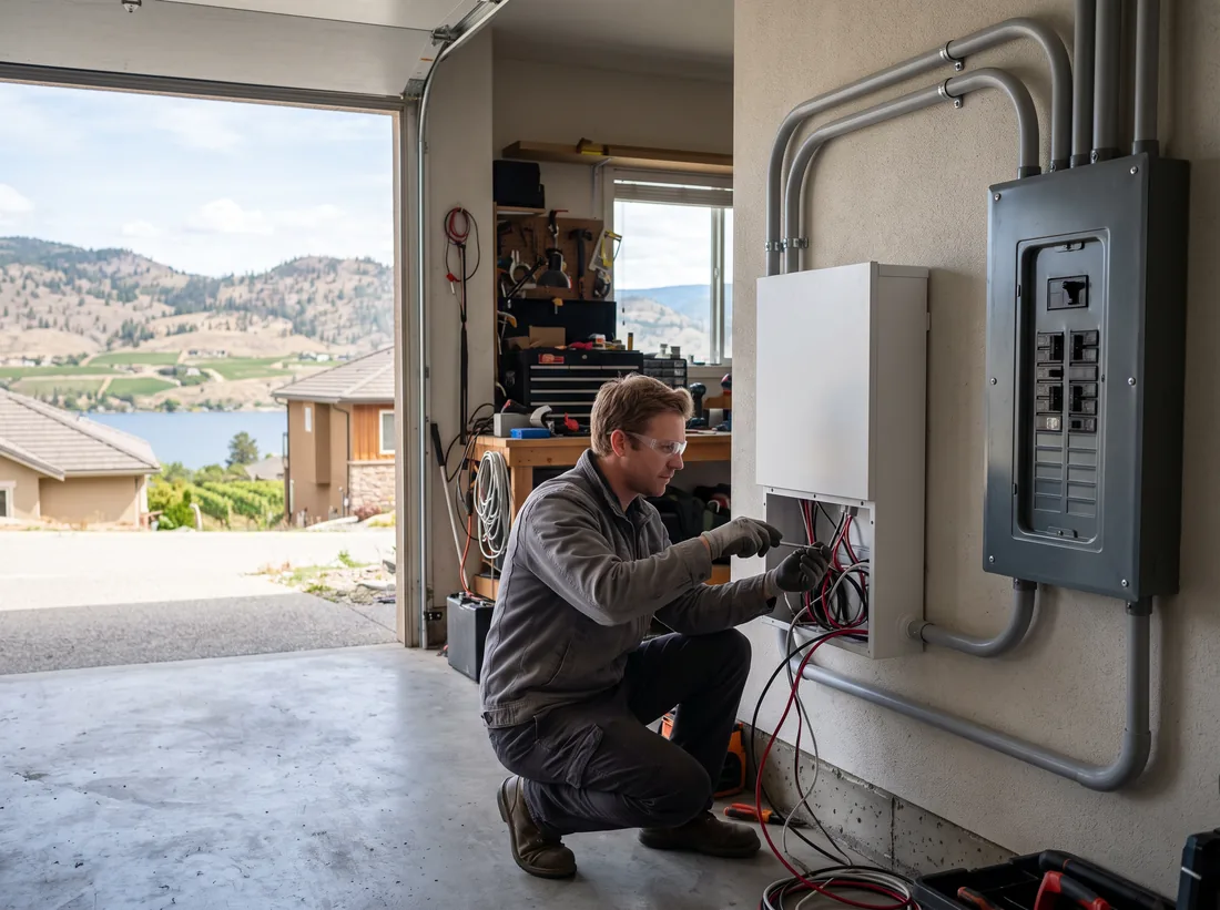 Electrician in safety glasses connecting wiring to a home battery cabinet in a garage