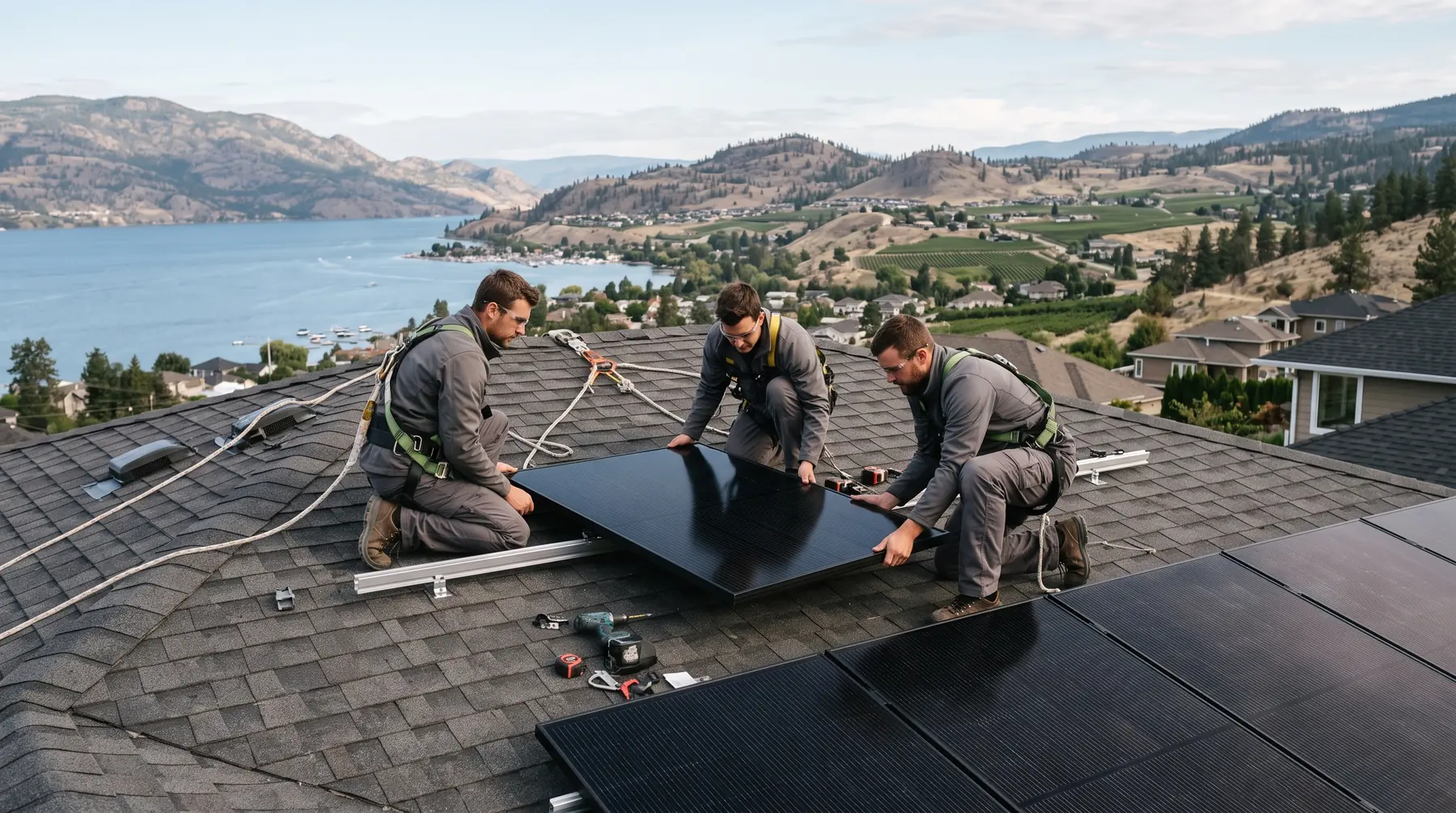 Three harnessed solar installers kneeling on shingles beside the racking as they set a module on a Kelowna home above the lake