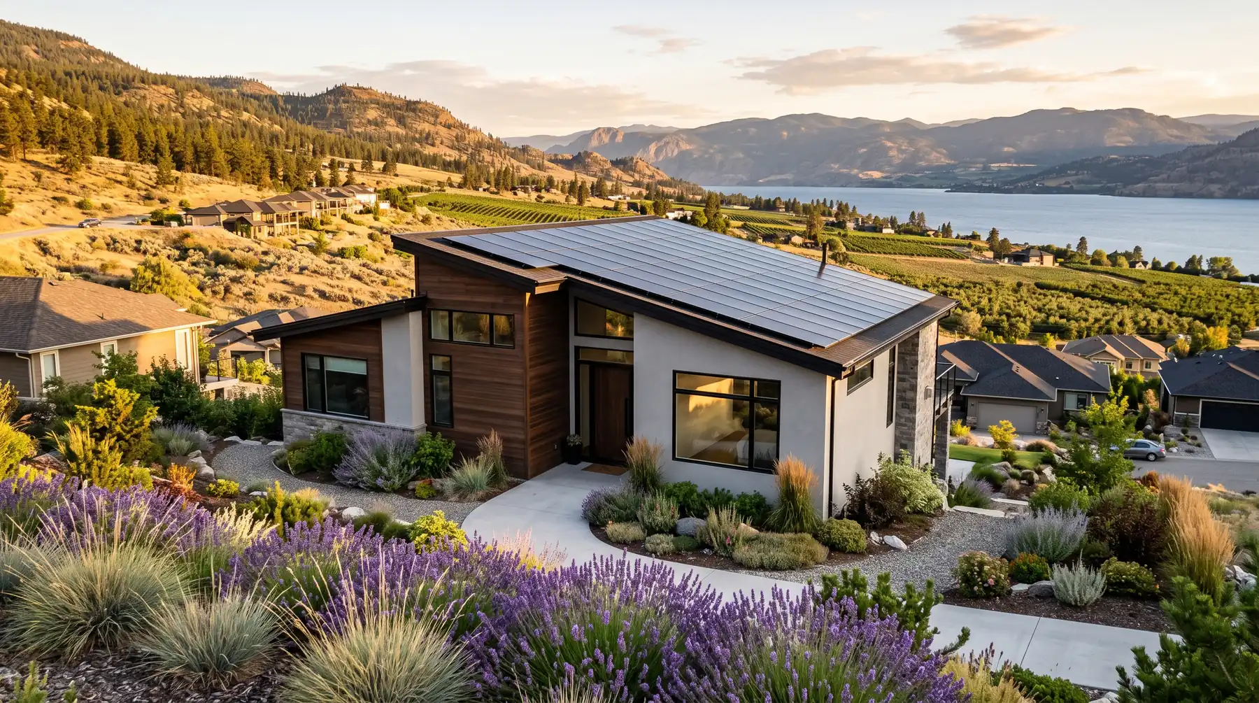 Contemporary Kelowna home with a black solar array on its roof at golden hour