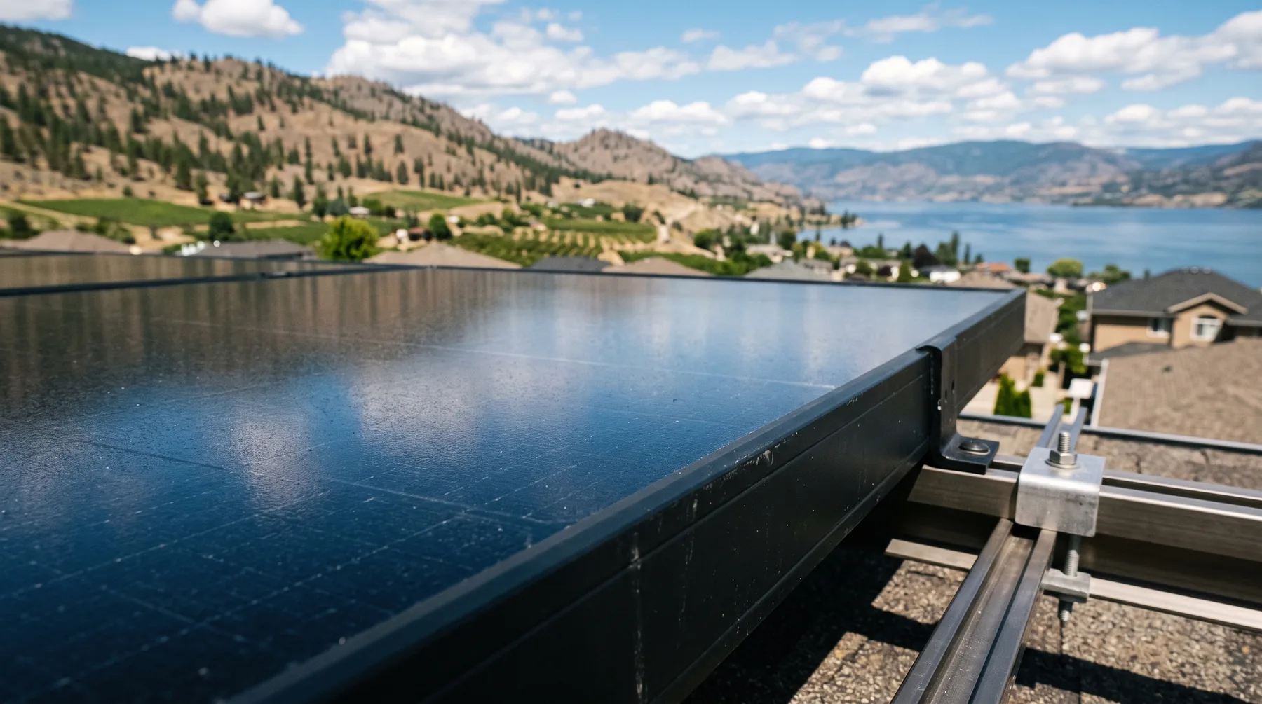 Edge of a black solar panel reflecting blue sky and distant Okanagan hills