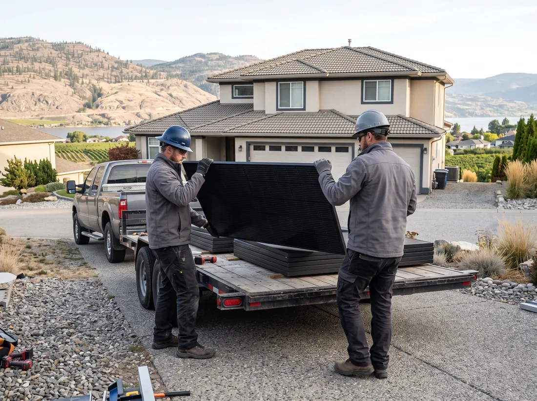 Two installers in hard hats lifting a black solar module off a trailer in the driveway of a Kelowna home