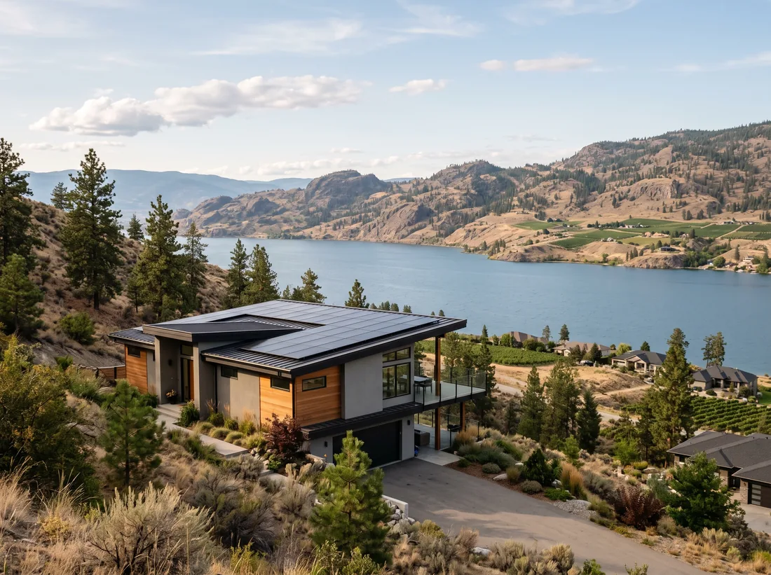 Hillside home with black solar panels above Okanagan Lake in late afternoon light