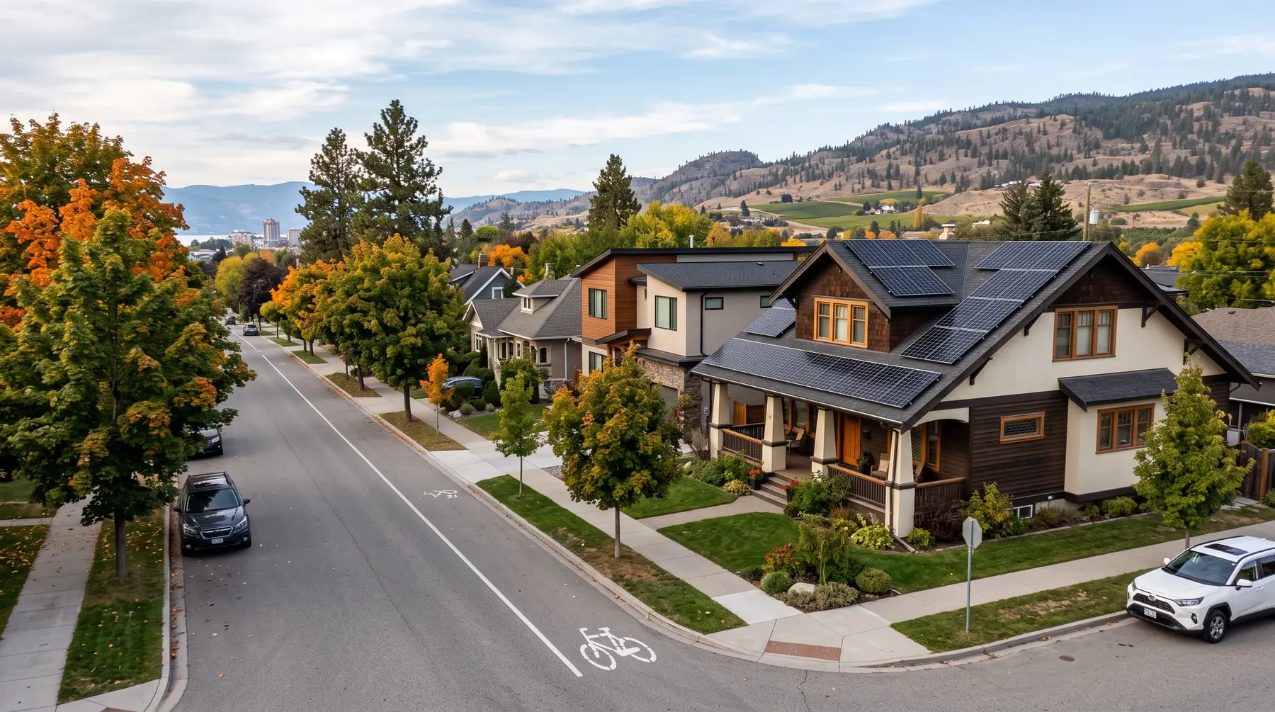 Leafy residential street near downtown Kelowna with a craftsman-style home carrying black solar panels