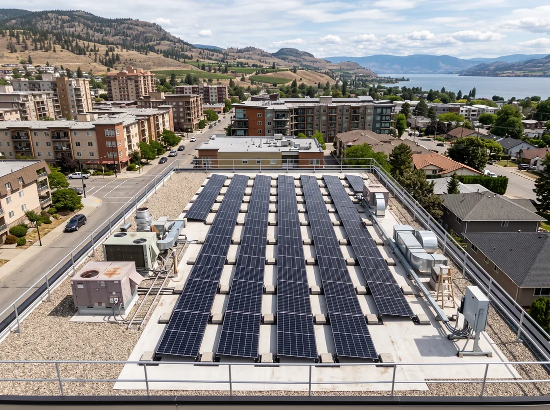 Ballasted solar array in neat rows on the flat roof of a low-rise building