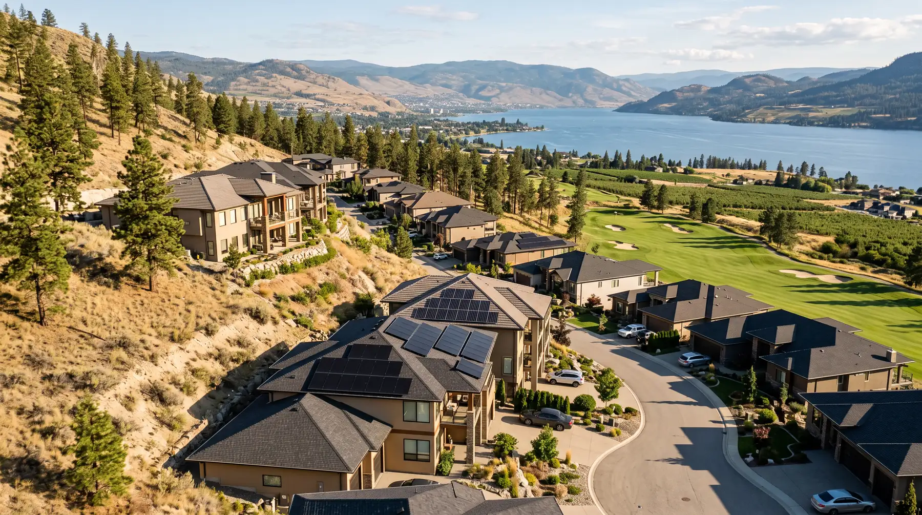 Hillside neighbourhood of contemporary homes stepping down toward Okanagan Lake, several with solar arrays