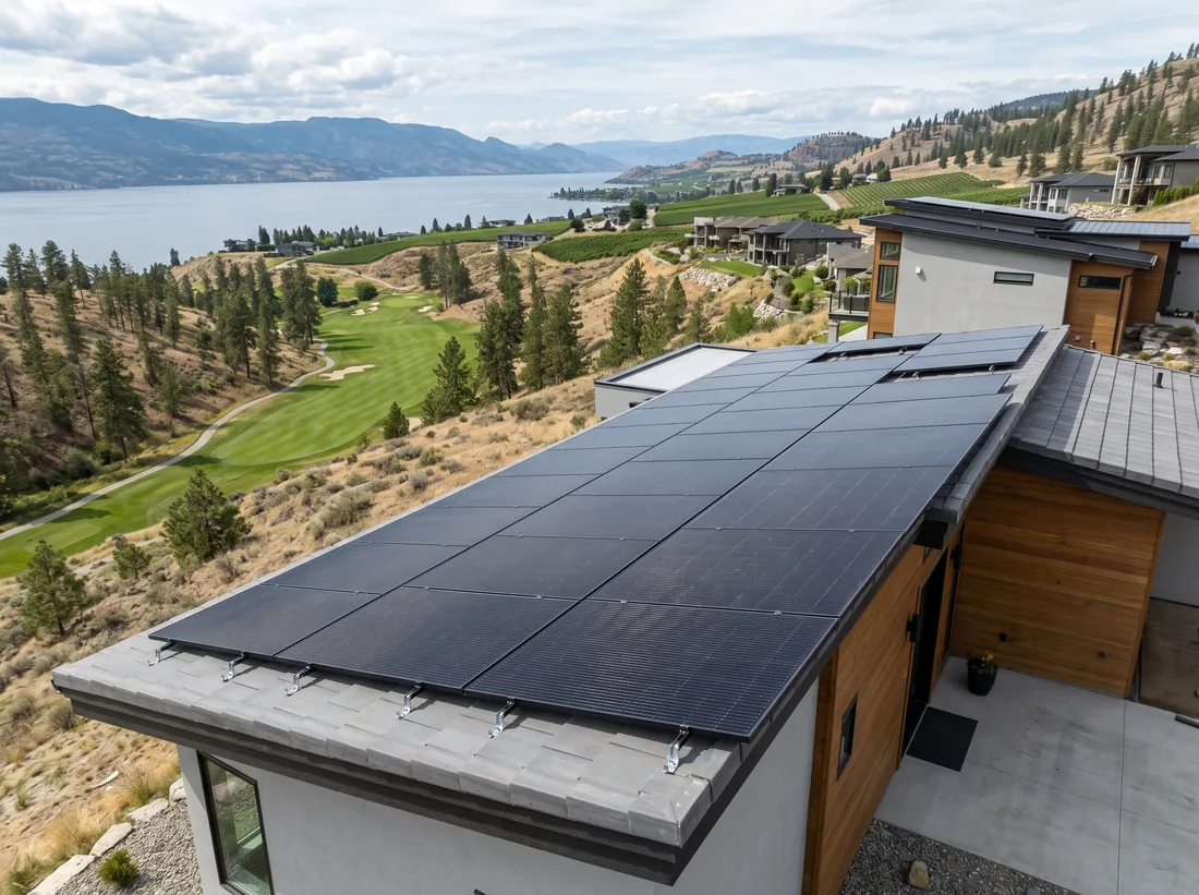 Black solar panels on a grey concrete tile roof overlooking a golf course and the lake