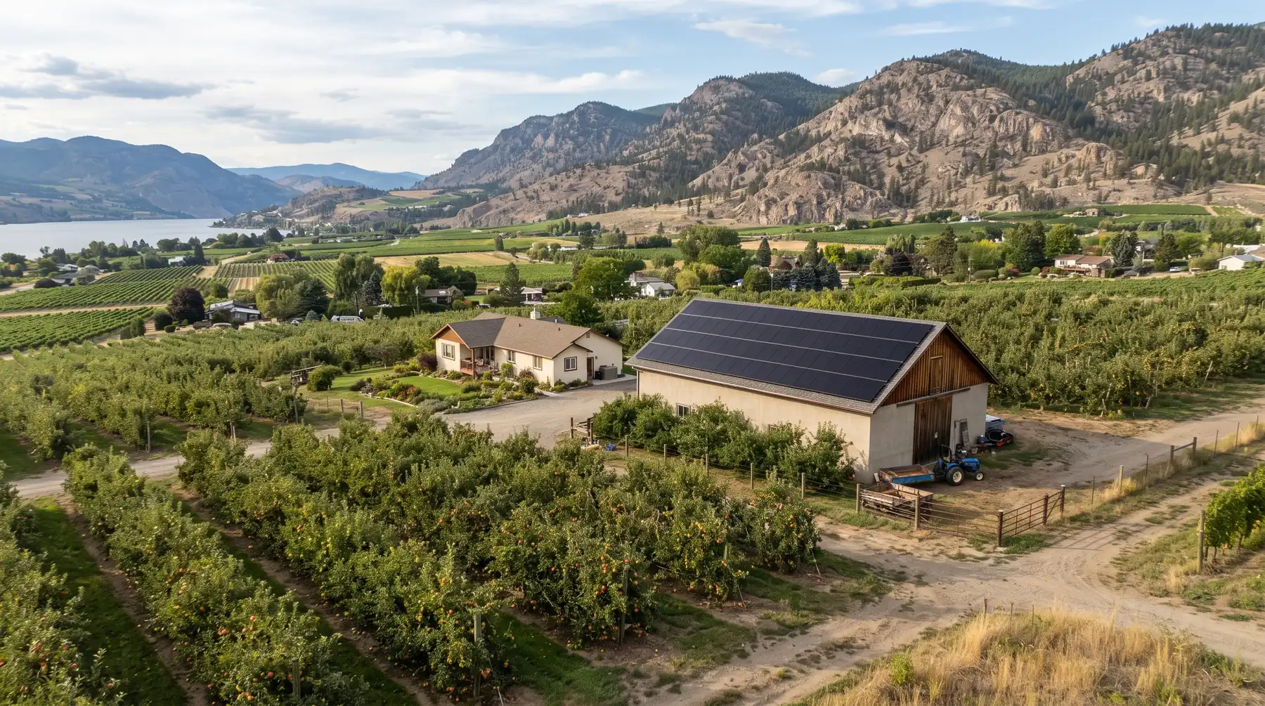 Farmhouse with a barn roof covered in black solar panels beside rows of apple trees on a rural bench