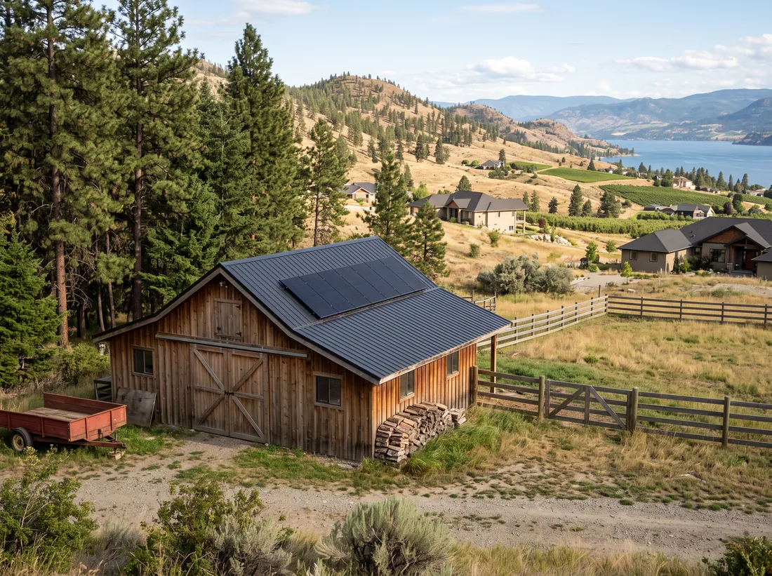 Wooden outbuilding on an acreage with a small solar array on its metal roof