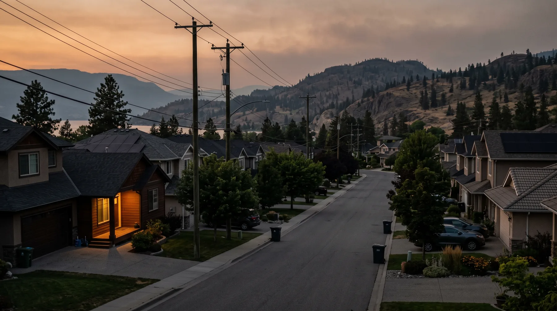 Kelowna street at dusk during a power outage, homes dark under a hazy sky, one porch light glowing
