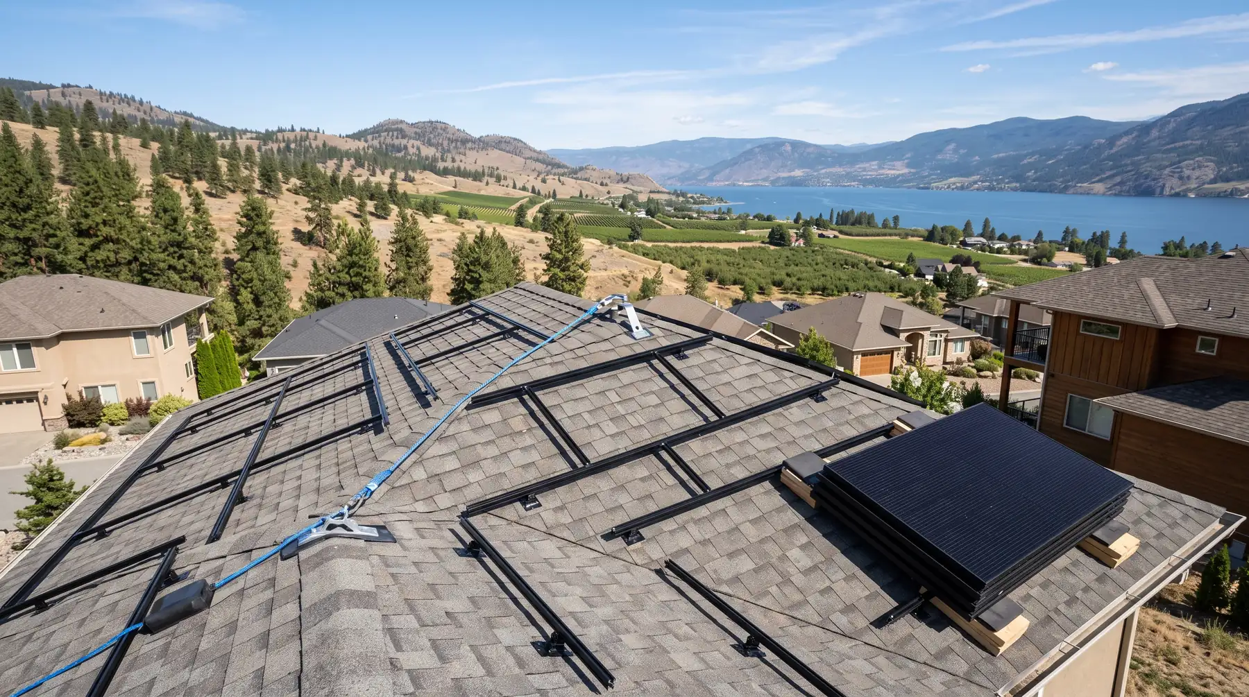 Roof partway through solar installation with rails and flashed mounts in a grid and modules staged on blocks