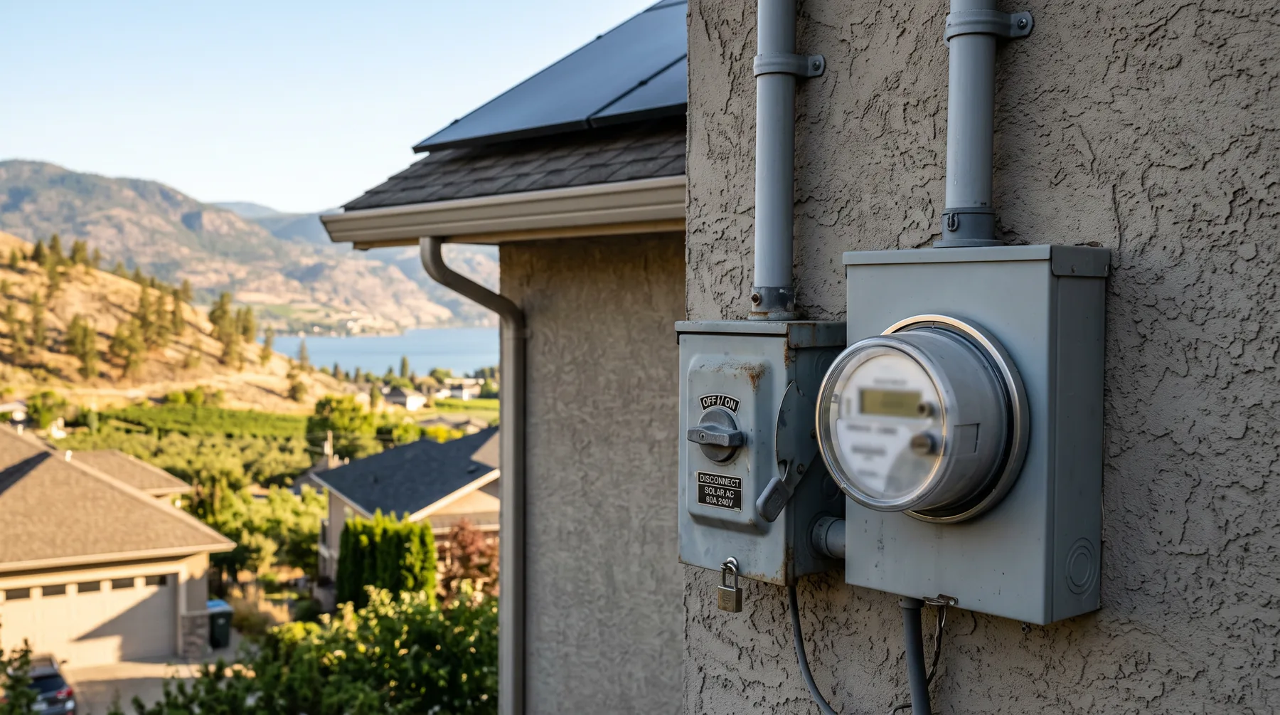 Residential electricity meter and solar disconnect switch on a stucco wall