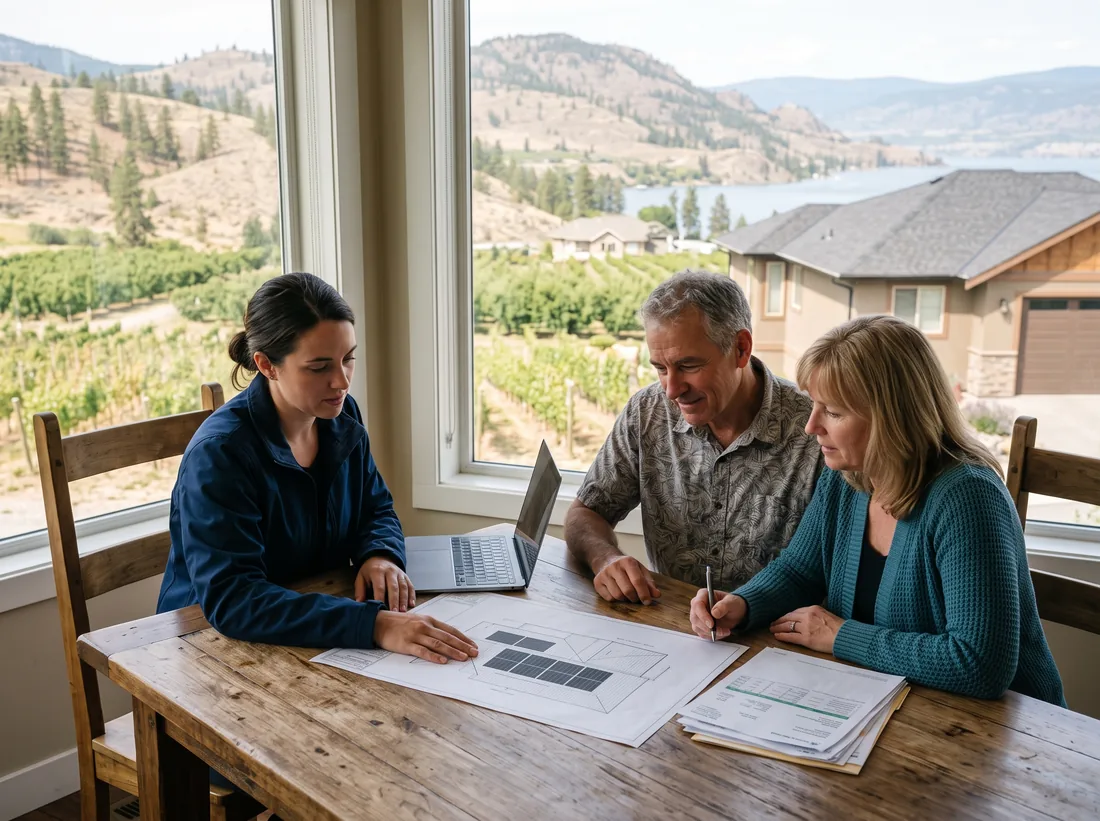 Solar assessor reviewing a printed roof layout and a year of power bills with a homeowner couple at their kitchen table