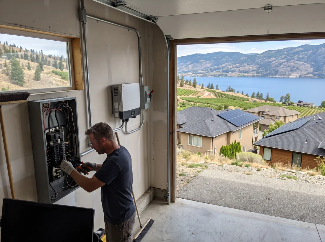 Electrician working at an open residential electrical panel beside a newly mounted inverter and disconnect switch