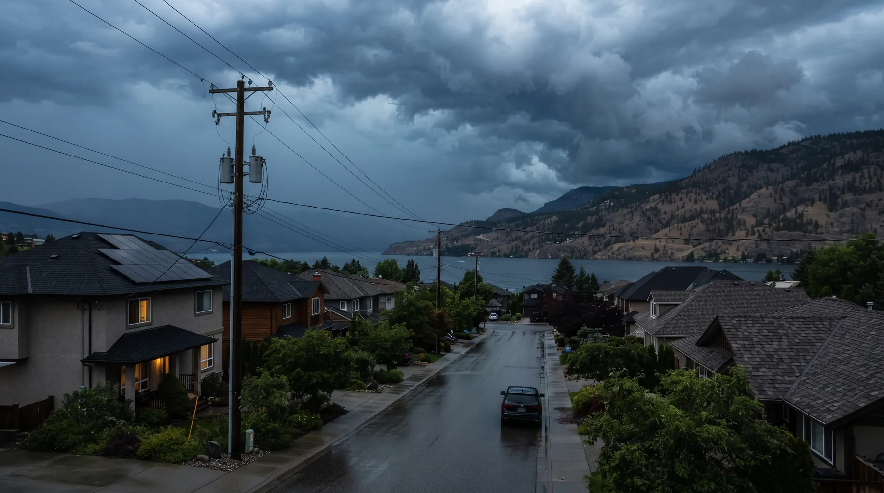 Dark thunderstorm clouds over a Kelowna neighbourhood at dusk with power poles along the street