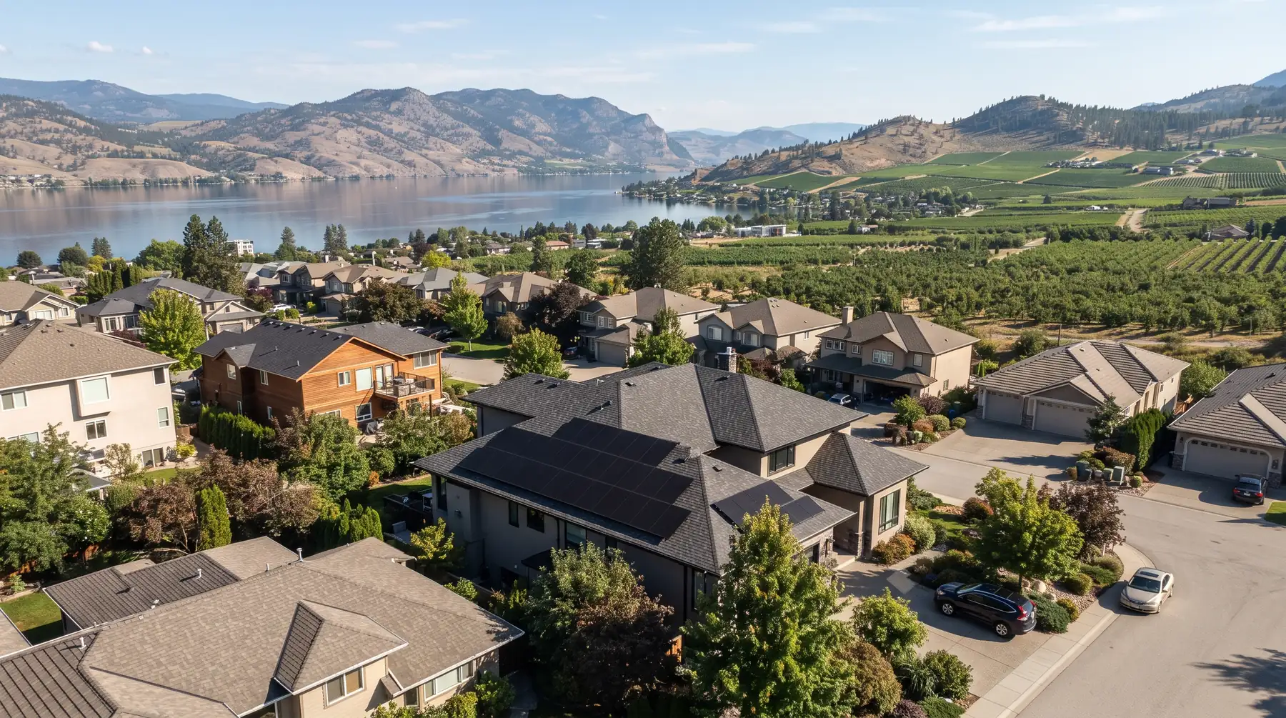 Low aerial view across Kelowna rooftops with one large home carrying a full black solar array