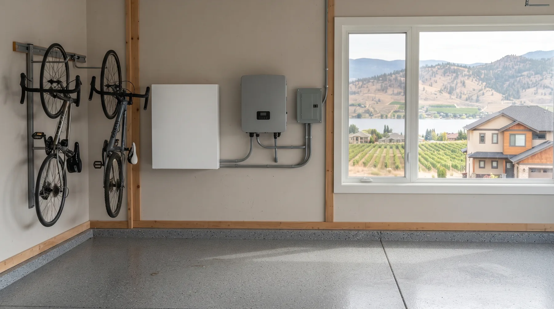 Clean garage wall with a plain white home battery cabinet, a solar inverter and a backup sub-panel, bikes on a wall rack