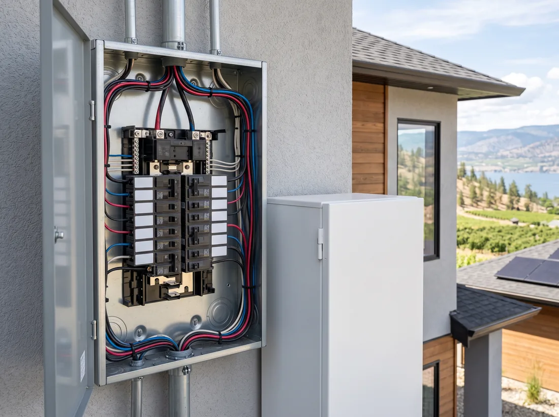 Close-up of a residential backup sub-panel with breakers beside a plain battery cabinet