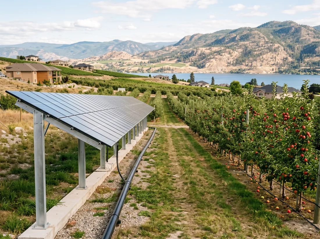 Ground-mounted solar array on steel posts beside rows of apple trees