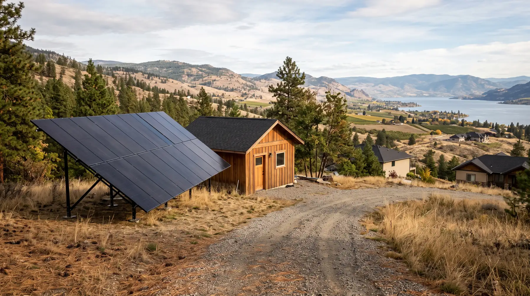 Rural property on a pine-covered bench with a steeply tilted ground-mounted solar array beside a small timber workshop