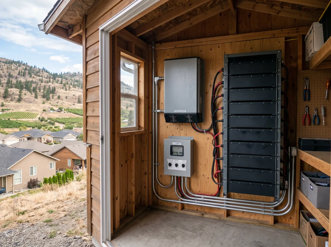 Tidy off-grid power shed with a wall-mounted inverter-charger and a rack of plain battery modules