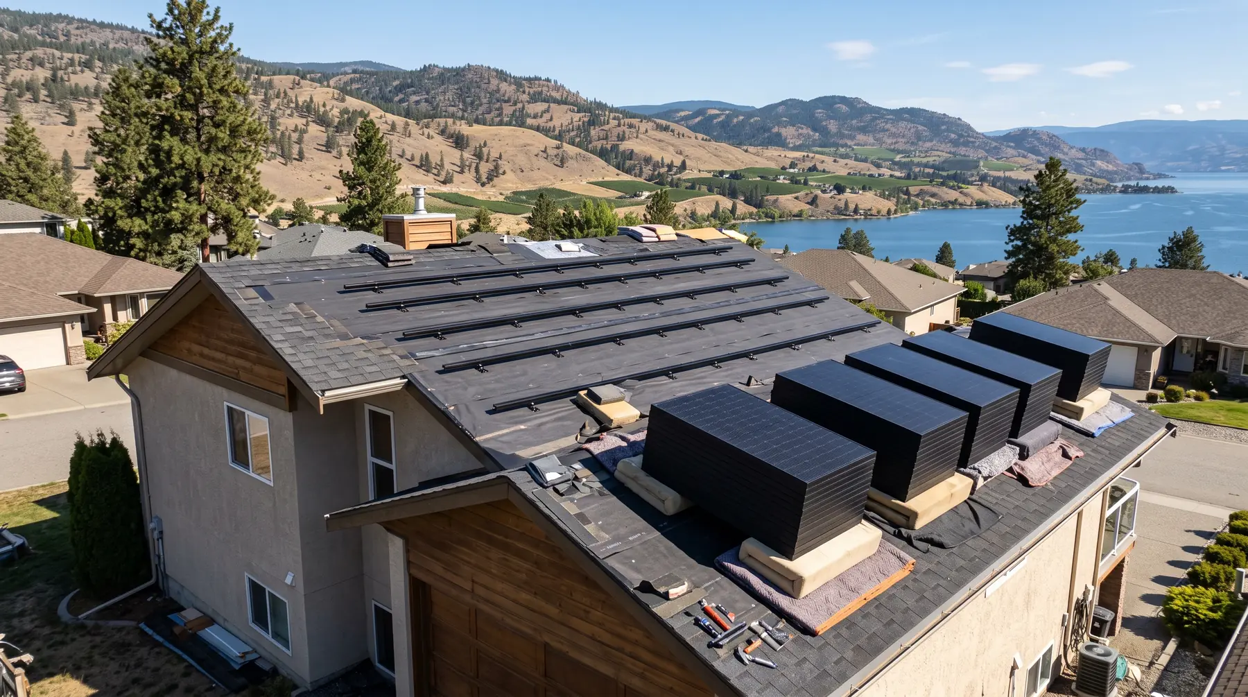 Black solar modules removed and stacked on padded blocks on a roof during re-roofing, with rails left in place