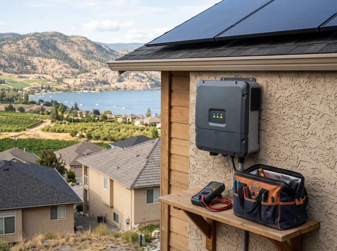 Solar inverter on a stucco wall with small status lights and a tool bag on a shelf below