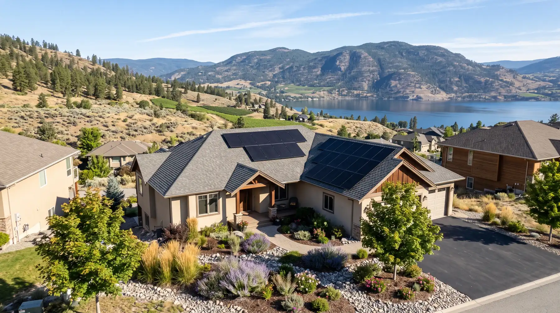 Stucco family home in Kelowna with a finished black solar array on its south-facing roof