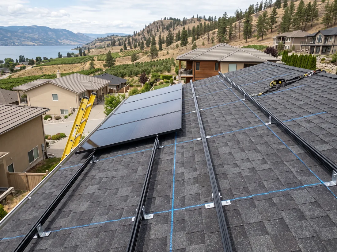 Roof mid-installation with aluminium rails across dark shingles and the first black modules clamped in place