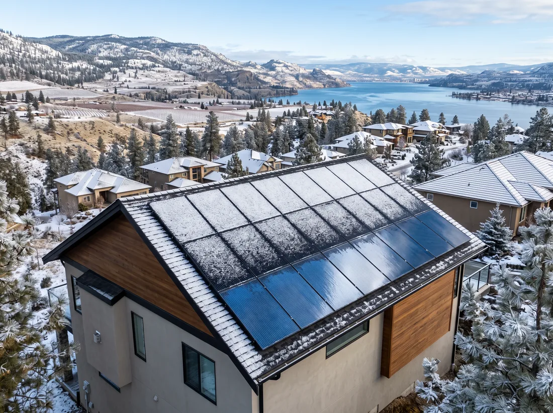 Light snow on black solar panels on a bright winter morning, lower panels already clear