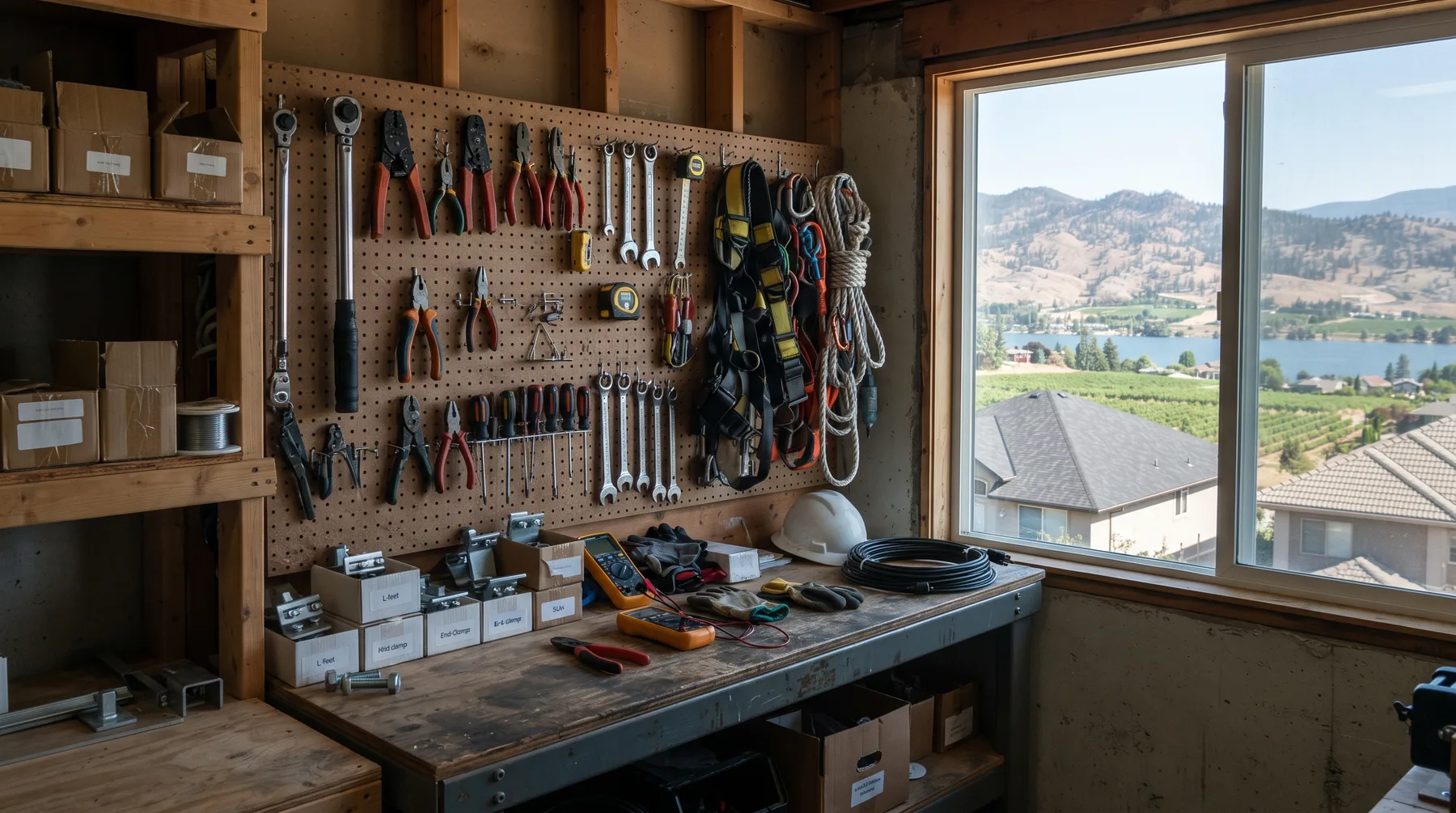 Organised tool wall and workbench with harnesses, ropes and boxed racking parts