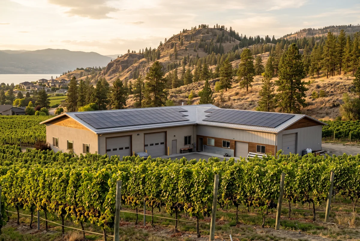 Low winery production building with a large solar array across its metal roof and grapevines in front