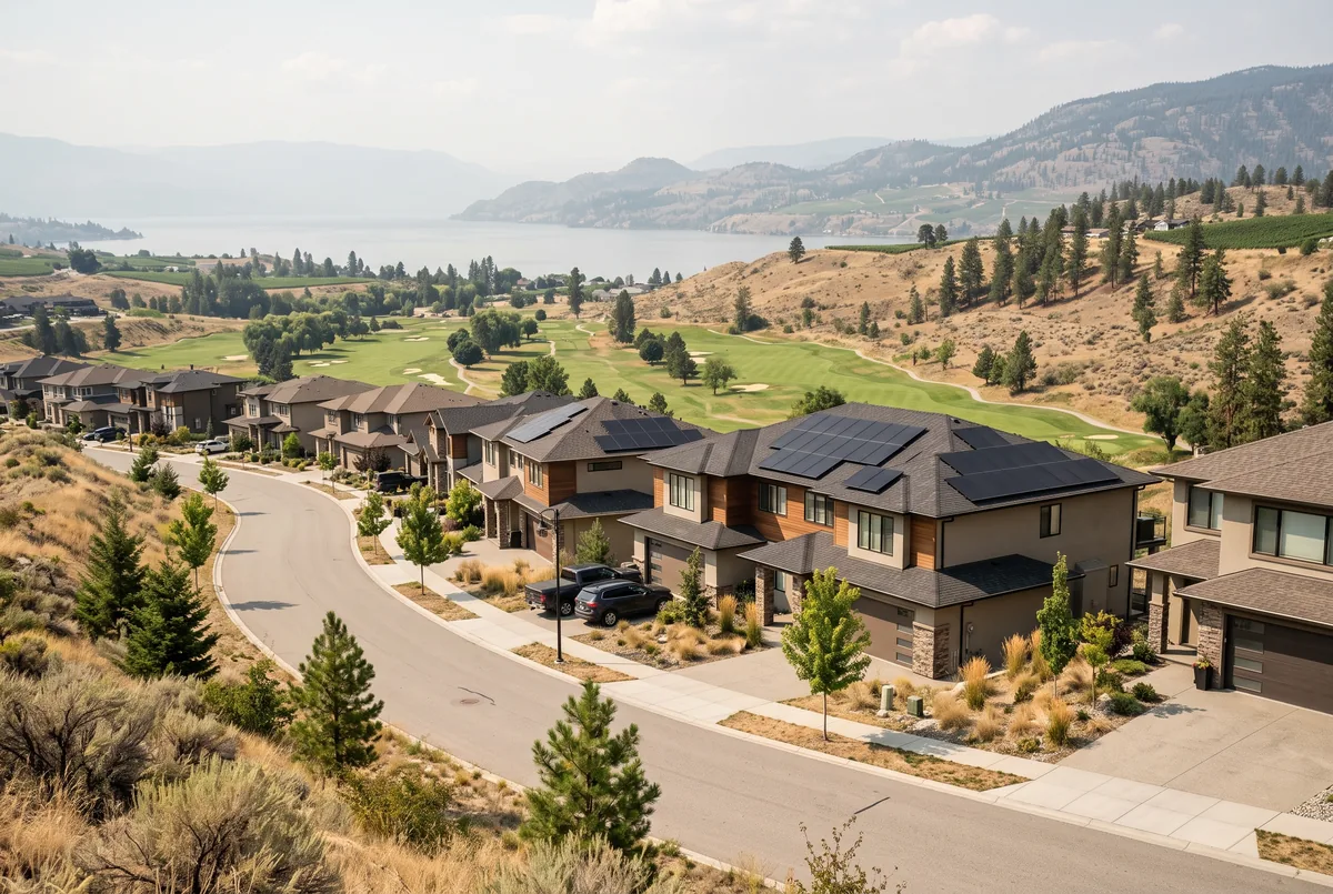 Newer two-storey homes on a curving hillside street above a golf course, two with black rooftop solar arrays