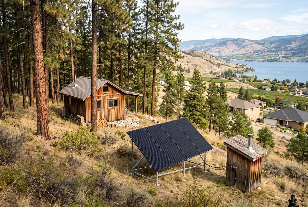 Small wooden cabin among ponderosa pines with a six-panel ground-mounted array beside it